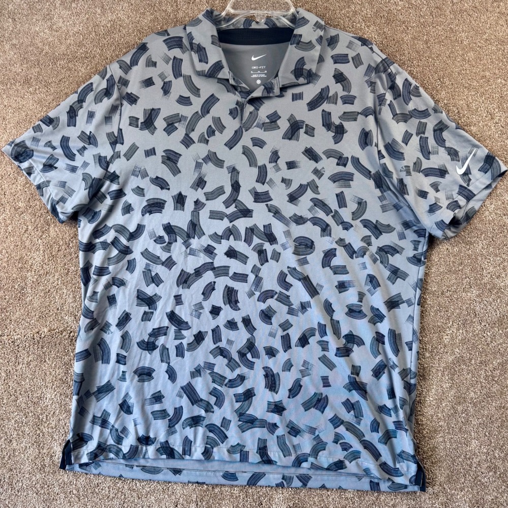 Nike Dri-FIT Men XL Grey Black Abstract Brushstroke Golf Polo Shirt Short Sleeve